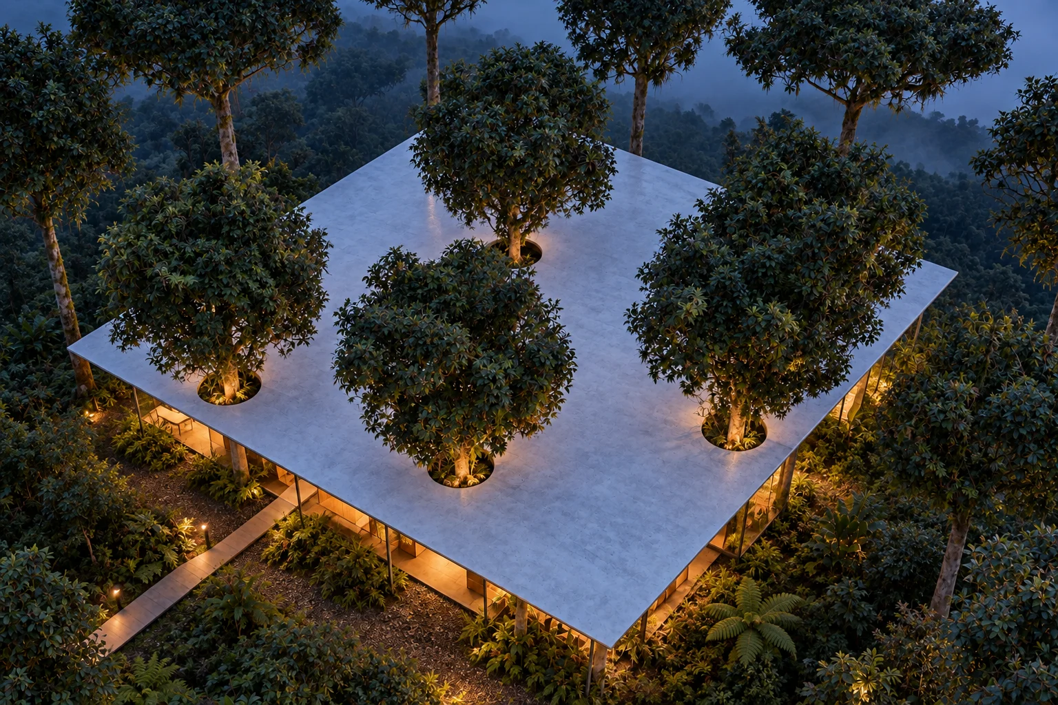 The whole at blue hour — Cloud-forest house