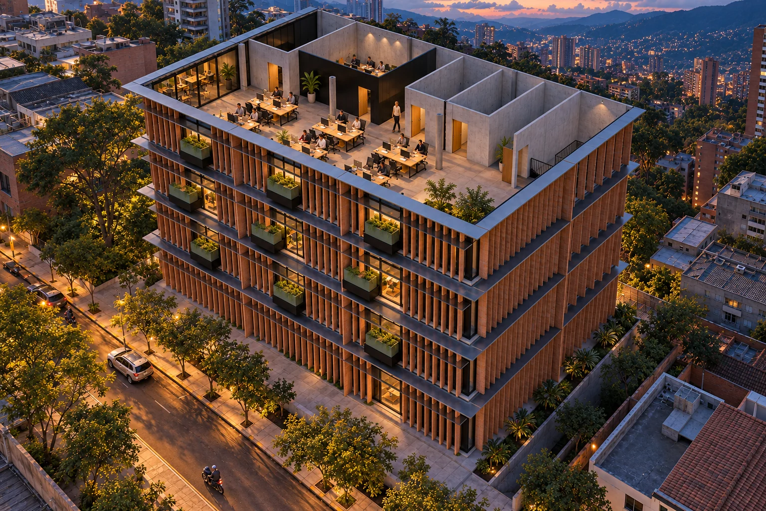The whole at blue hour — Glass offices