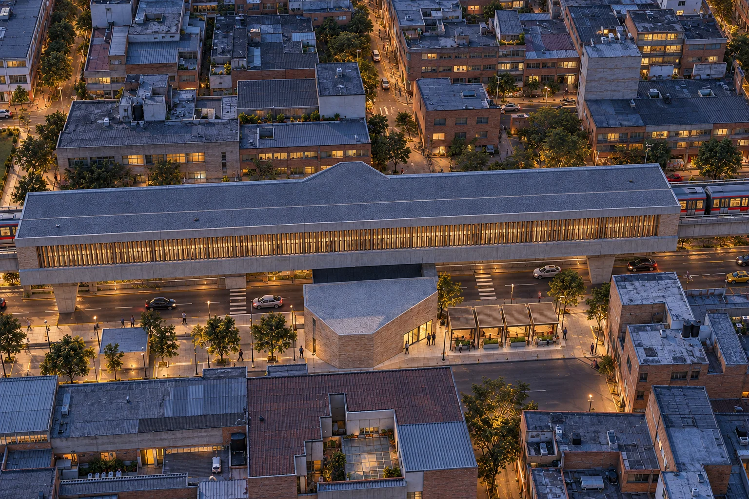 The whole at blue hour — umbral / Bogotá — metro corridor