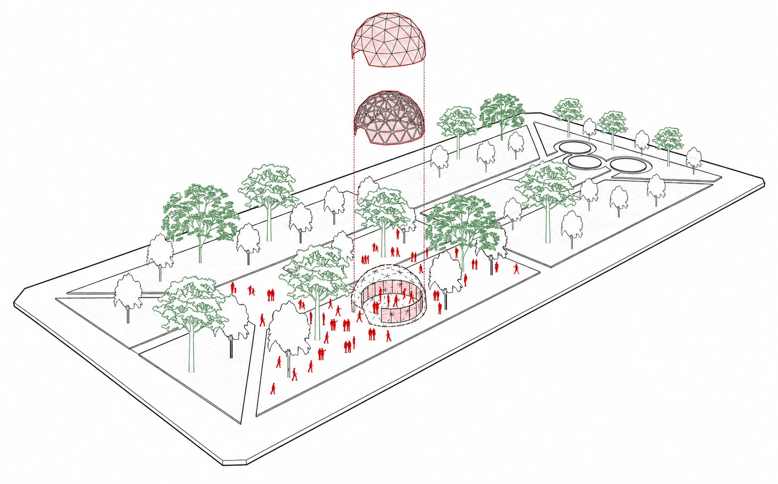 isométrico: la cúpula desmontable sobre el parque