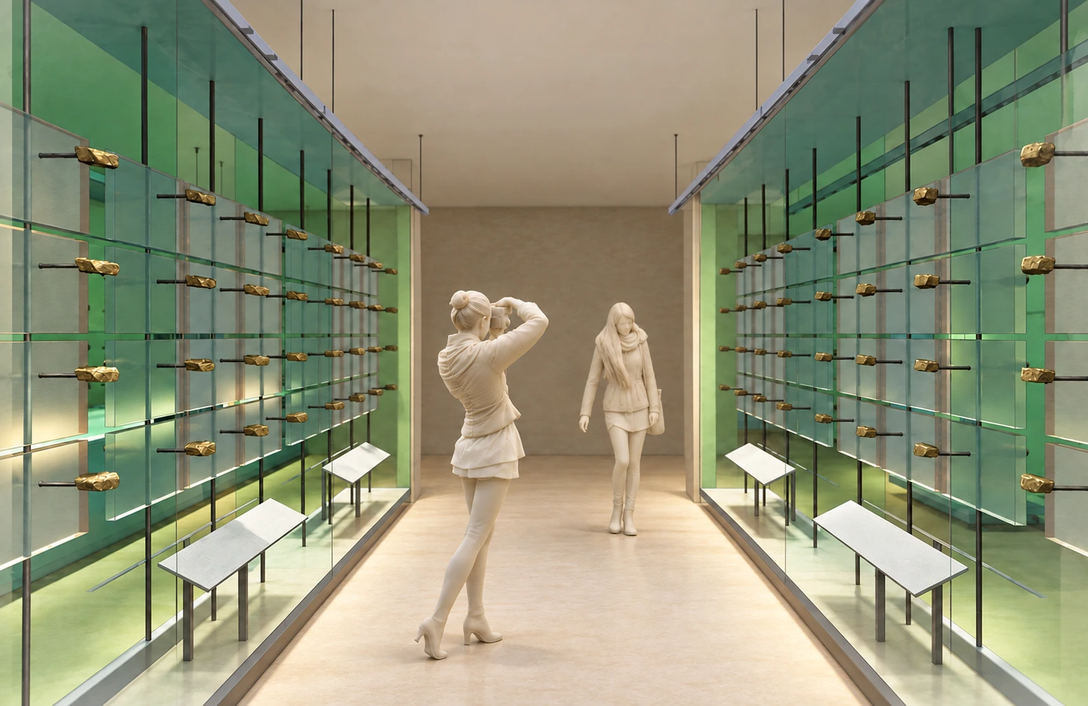 la sala de minerales: vitrinas murales de vidrio a ambos lados del recorrido — Museo de geología