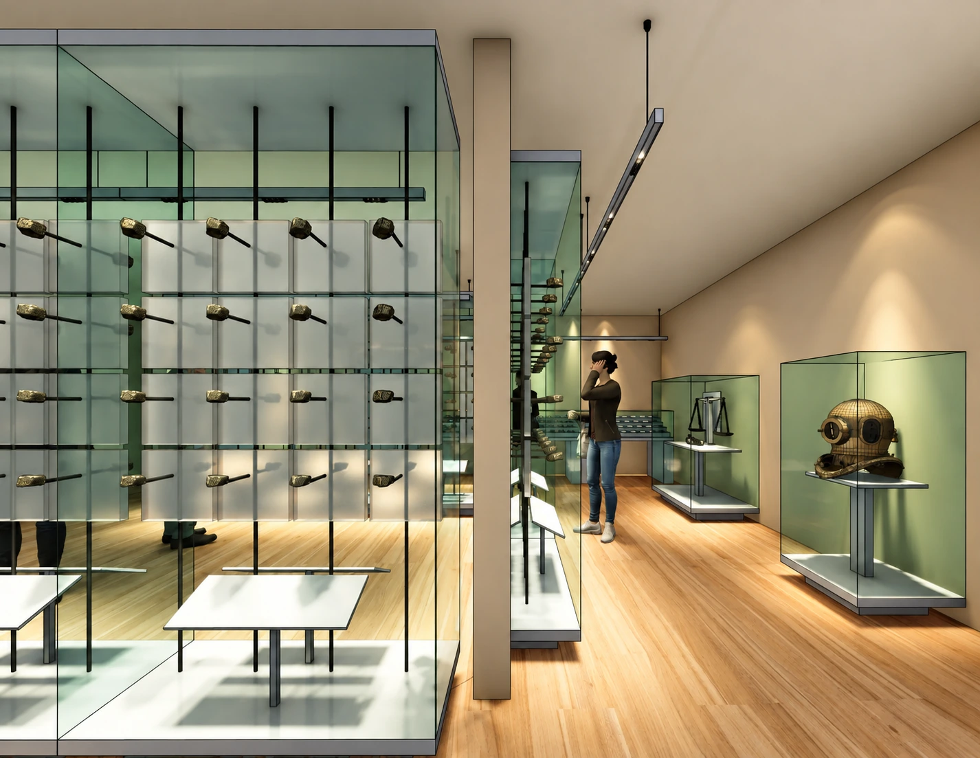 vitrines isolées et mur de minéraux — Musée de géologie