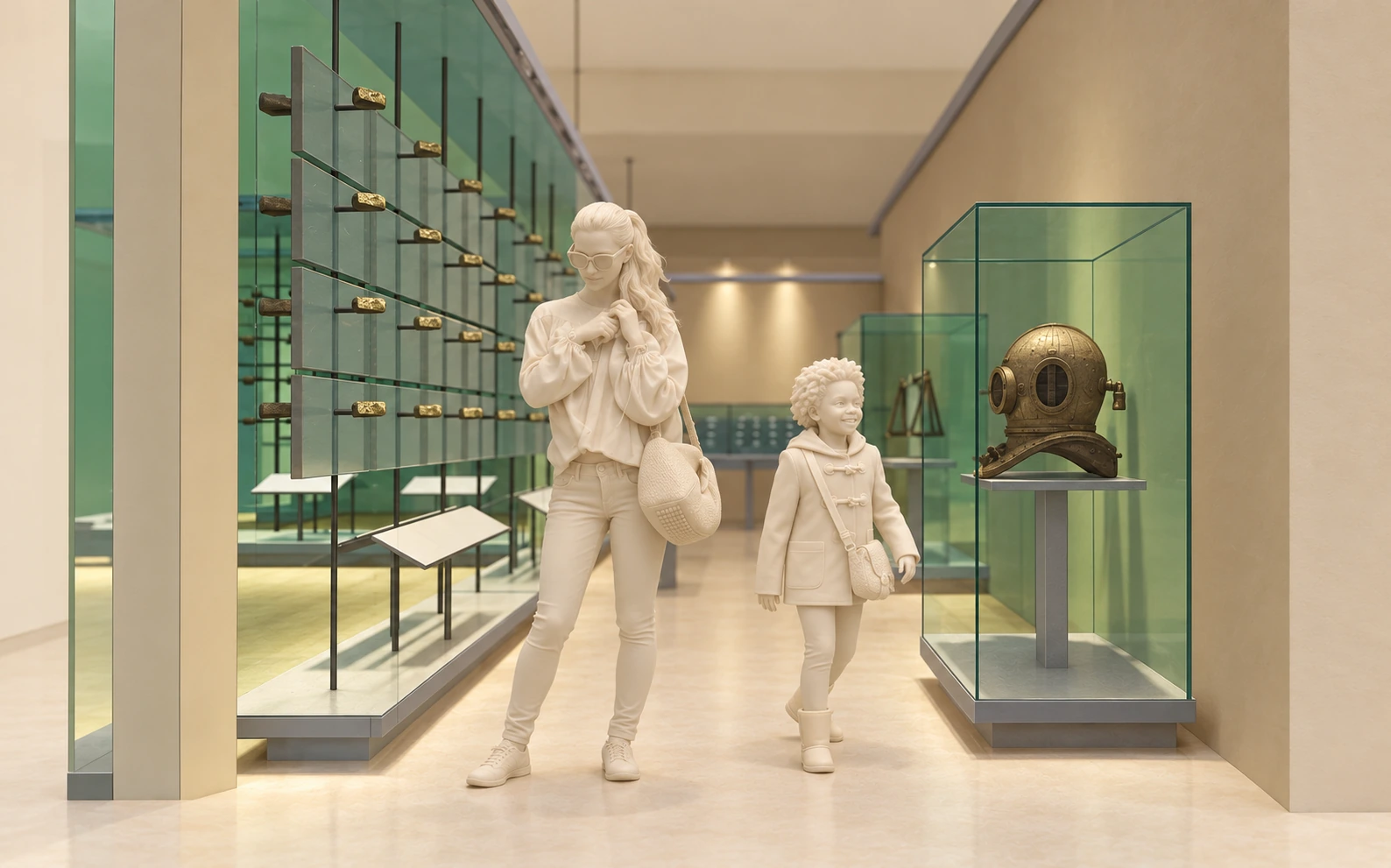 vitrine isolée avec pièce historique et tables de consultation — Musée de géologie