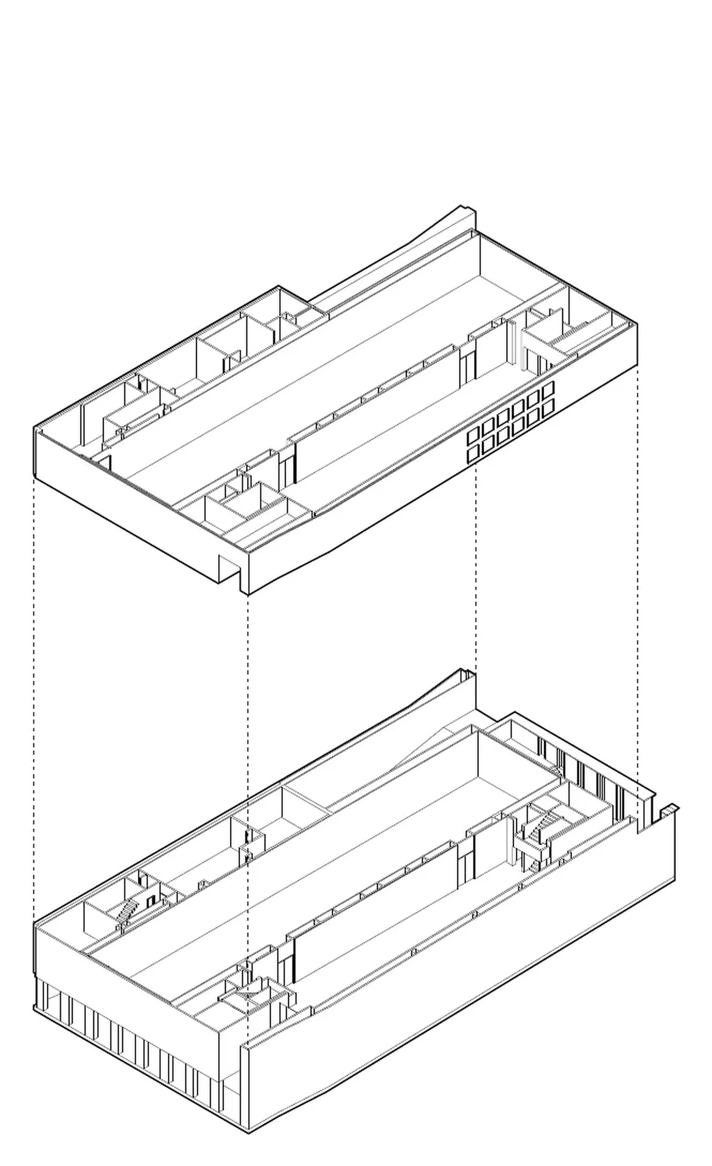 isométrie animée : salle existante, mobilier éclaté, exposition montée
