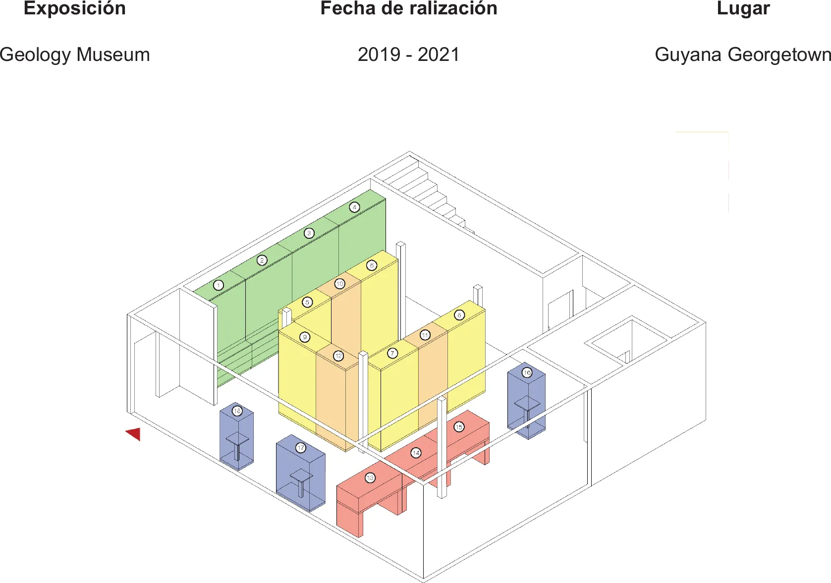 axonométrie générale : les cinq types de vitrines dans la salle existante