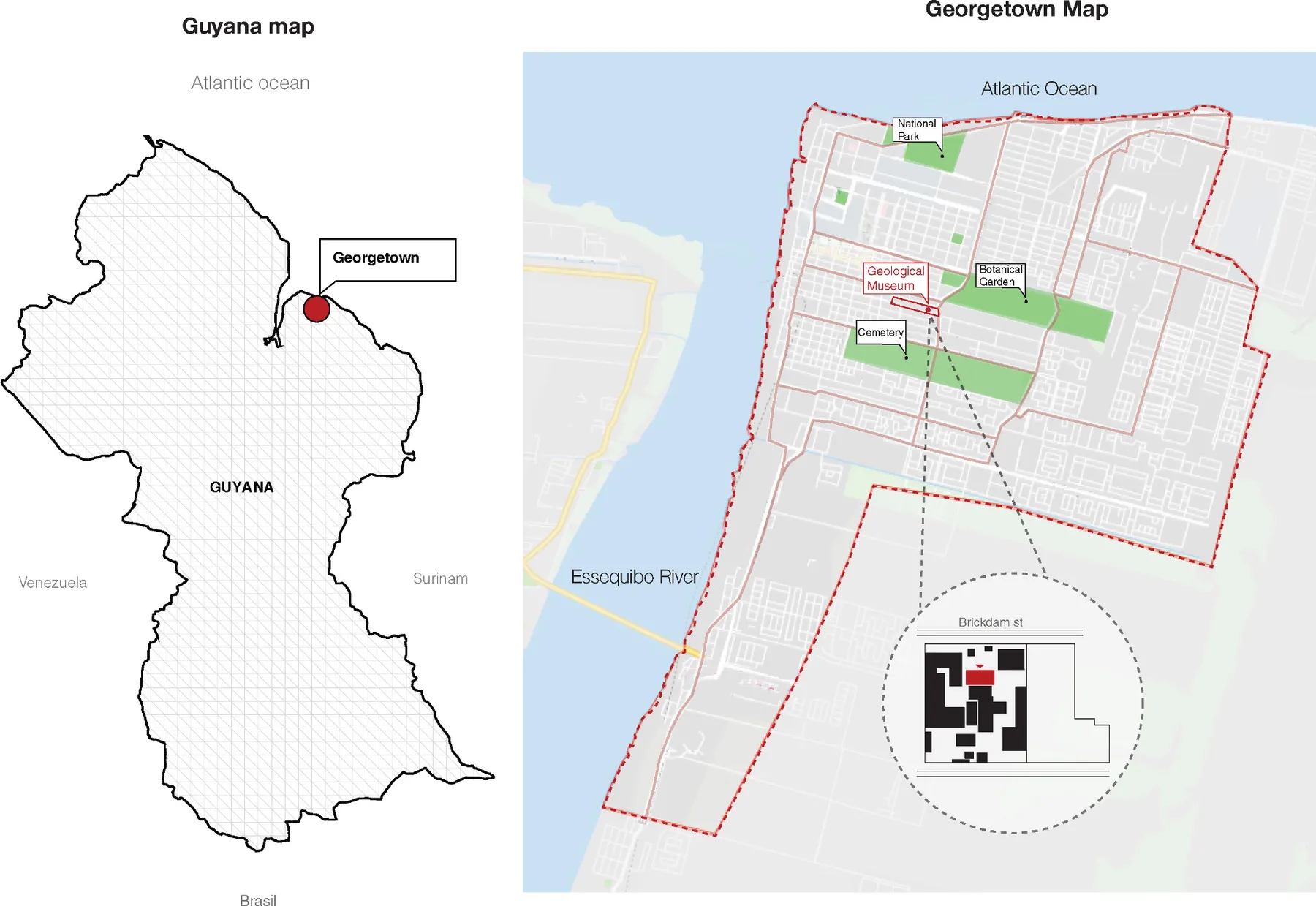 situation : le Guyana et le centre de Georgetown